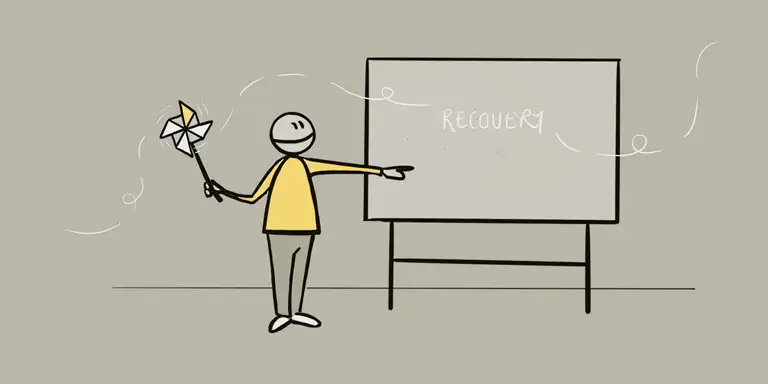 Illustration som viser en person ved siden af en tavle, som taler om Recovery-orienteret rehabilitering