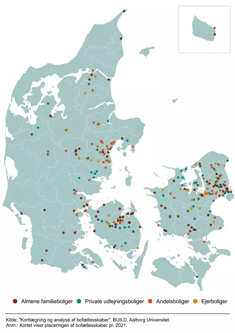 Danmarkskort over geografisk placering af bofællesskaber 