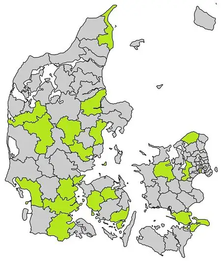 Danmarkskort over kommuner, der har implementeret MOVE i samarbejde med Socialstyrelsen.